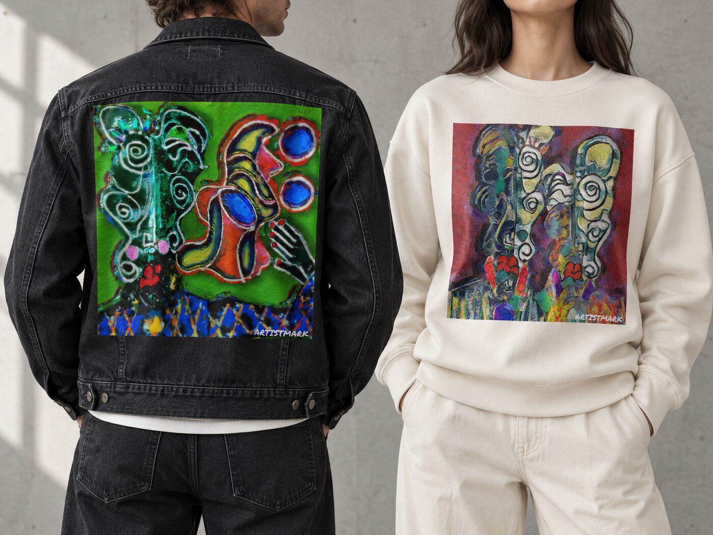 EPNFT 894 on a denim jacket and EPNFT 691 on a sweatshirt