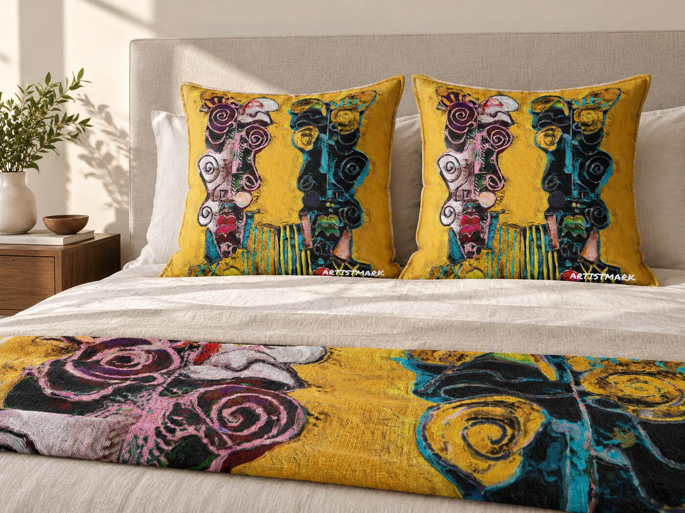 EPNFT 885 on pillows and a bed runner